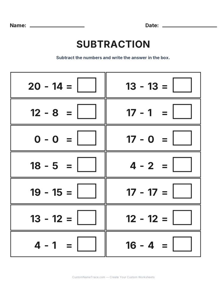 Grade 1 Subtraction Within 20 worksheet 23 for kids
