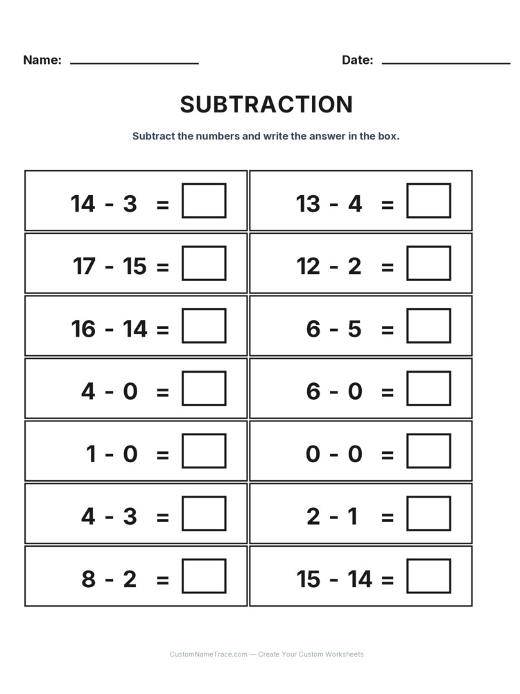 Grade 1 Subtraction Within 20 worksheet 4 for kids