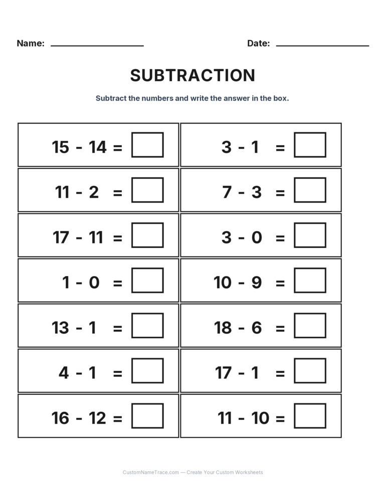Grade 1 Subtraction Within 20 worksheet 5 for kids