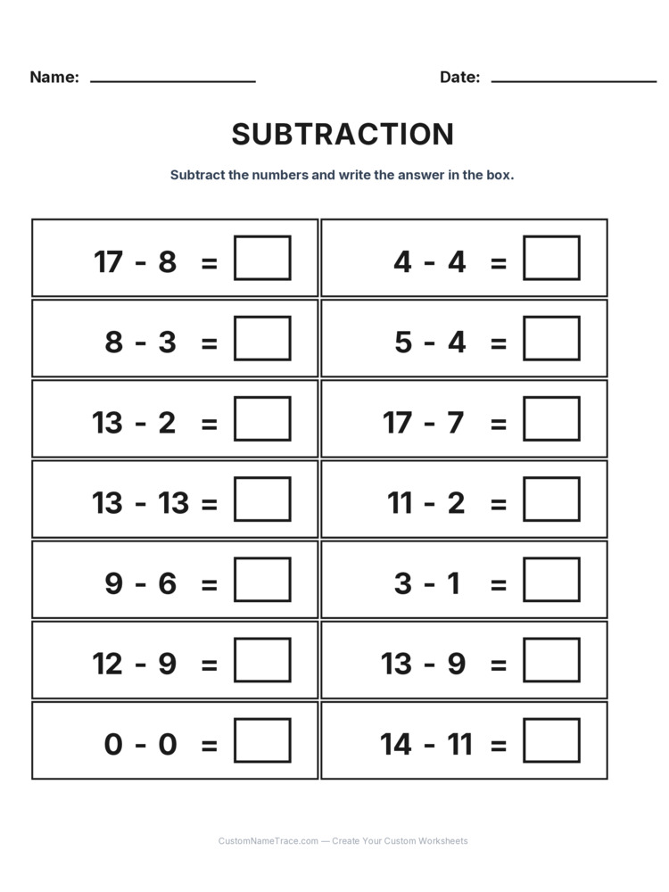 Grade 1 Subtraction Within 20 worksheet 6 for kids