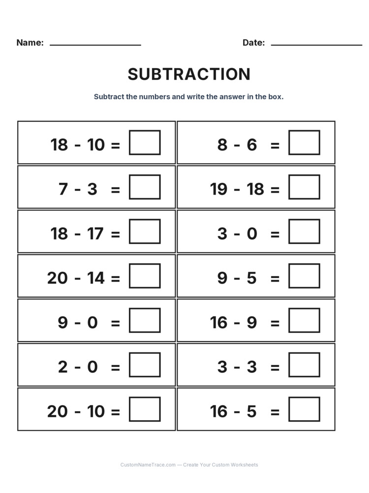 Grade 1 Subtraction Within 20 worksheet 9 for kids