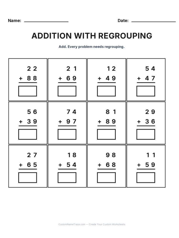 Grade 2 Addition Regrouping worksheet 1 for kids