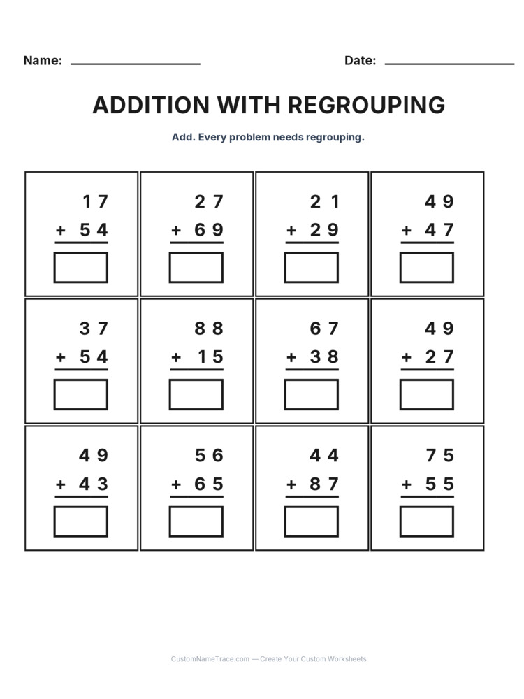 Grade 2 Addition Regrouping worksheet 10 for kids