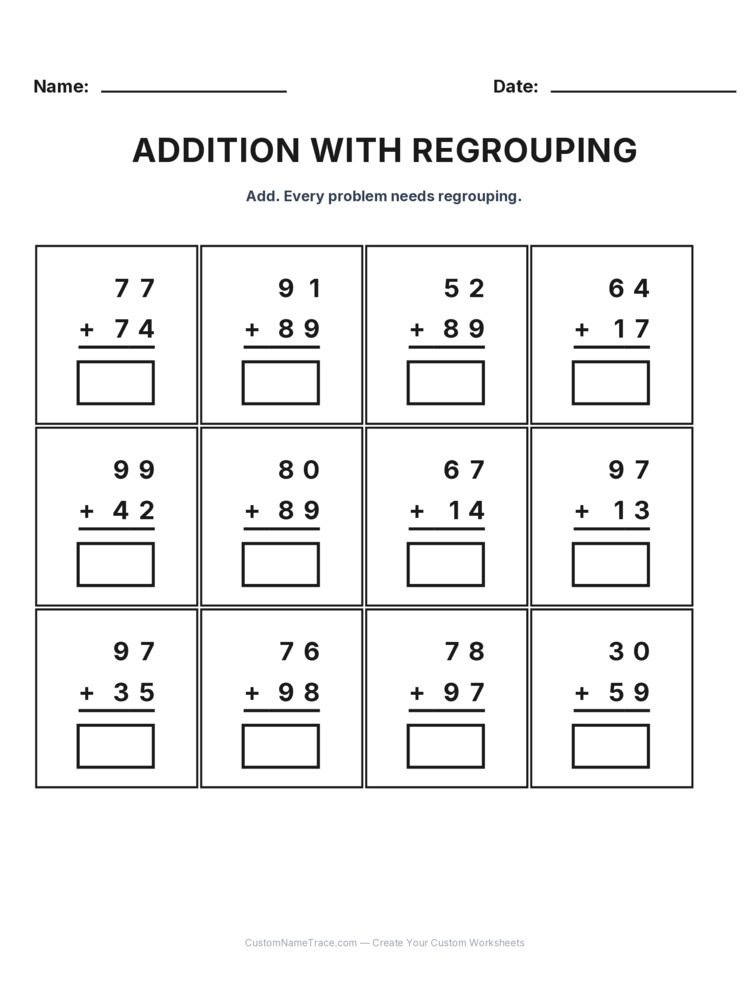 Grade 2 Addition Regrouping worksheet 11 for kids