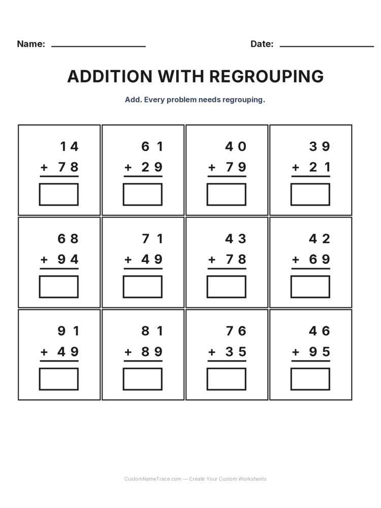 Grade 2 Addition Regrouping worksheet 12 for kids