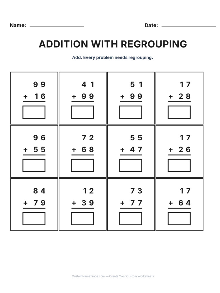 Grade 2 Addition Regrouping worksheet 13 for kids