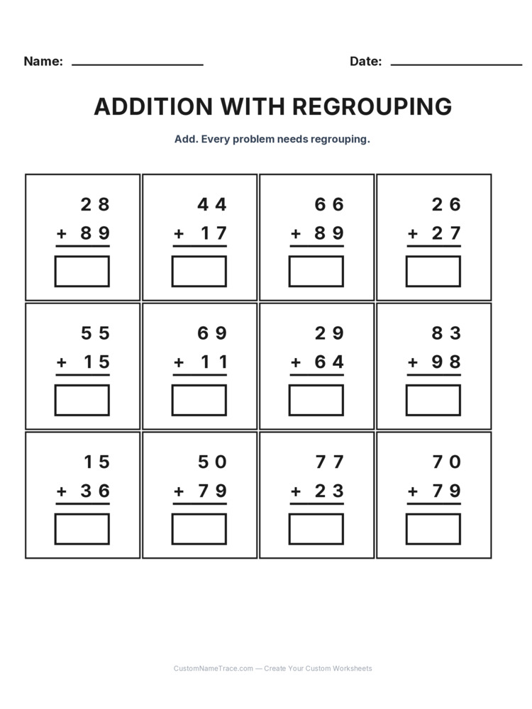 Grade 2 Addition Regrouping worksheet 14 for kids