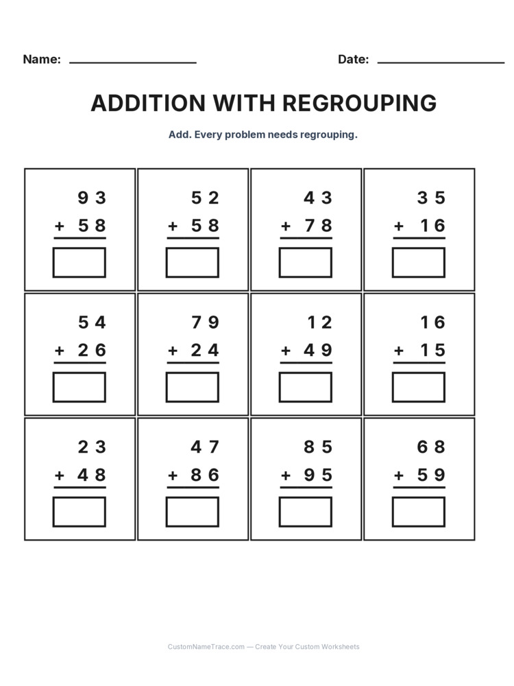 Grade 2 Addition Regrouping worksheet 15 for kids