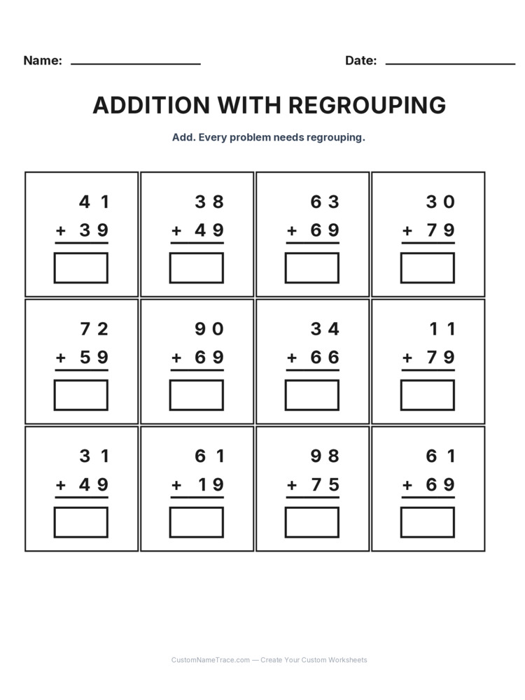 Grade 2 Addition Regrouping worksheet 16 for kids