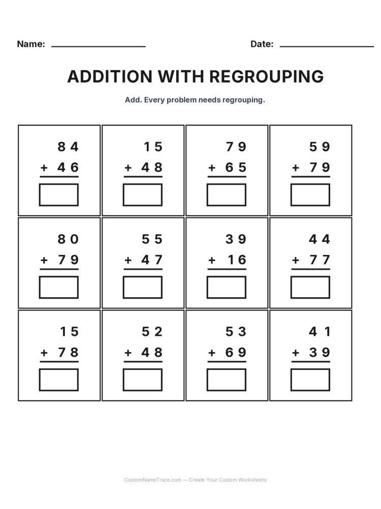 Grade 2 Addition Regrouping worksheet 17 for kids