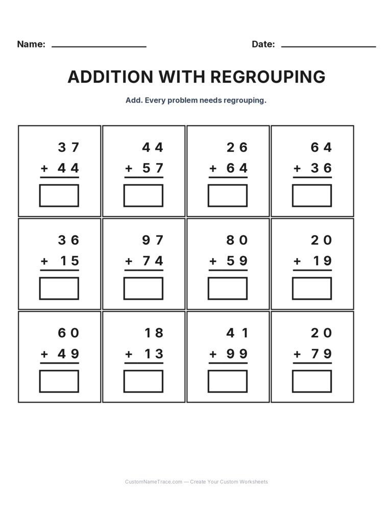 Grade 2 Addition Regrouping worksheet 18 for kids