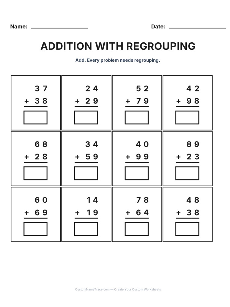 Grade 2 Addition Regrouping worksheet 19 for kids