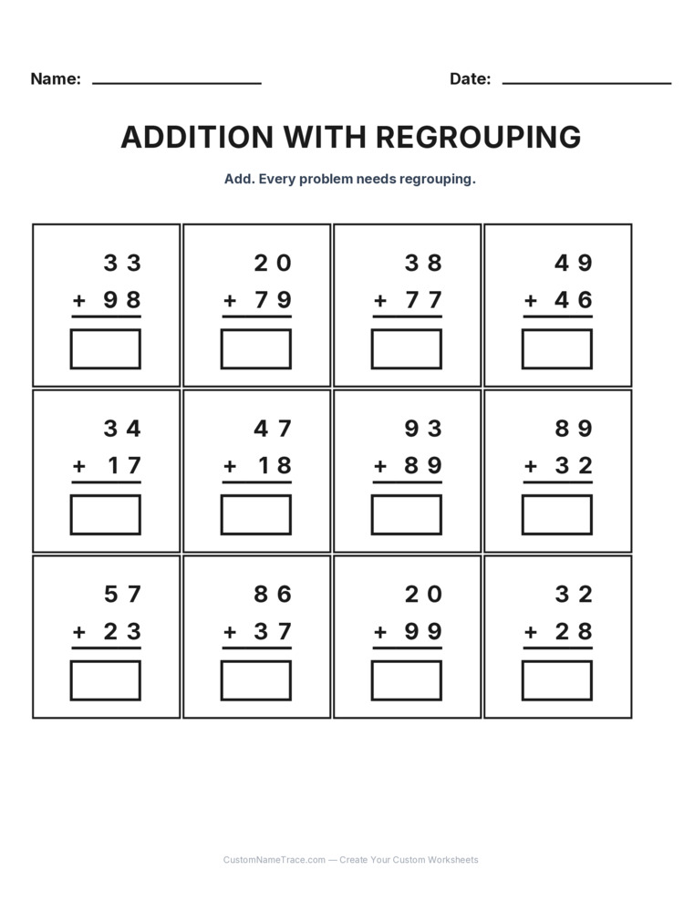 Grade 2 Addition Regrouping worksheet 2 for kids