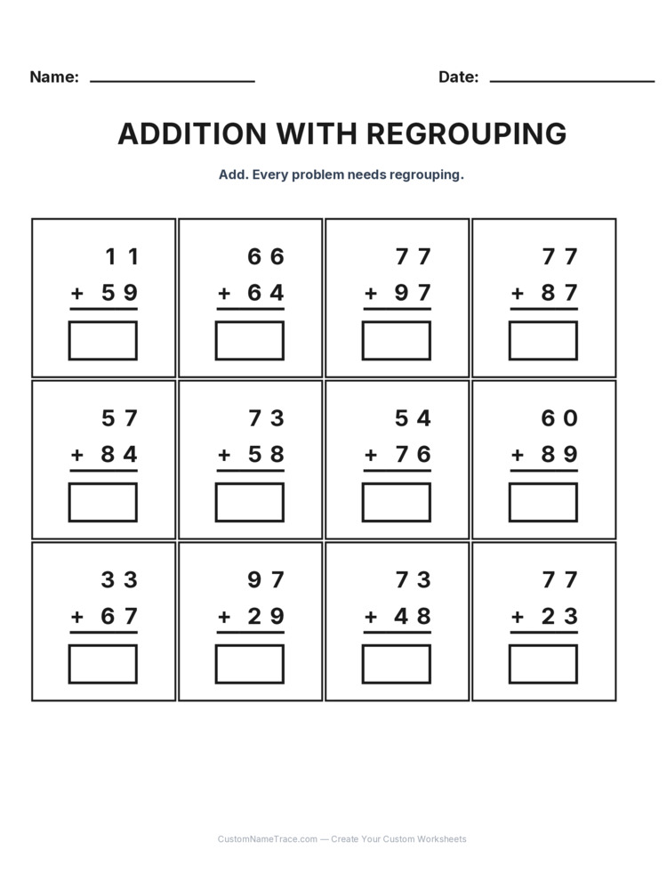 Grade 2 Addition Regrouping worksheet 20 for kids
