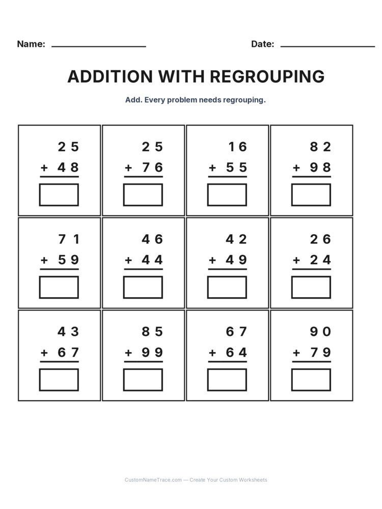 Grade 2 Addition Regrouping worksheet 21 for kids