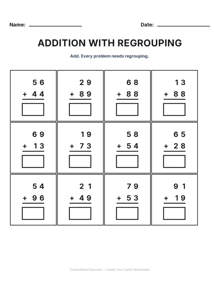 Grade 2 Addition Regrouping worksheet 22 for kids