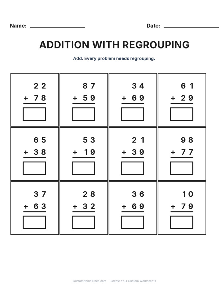 Grade 2 Addition Regrouping worksheet 23 for kids