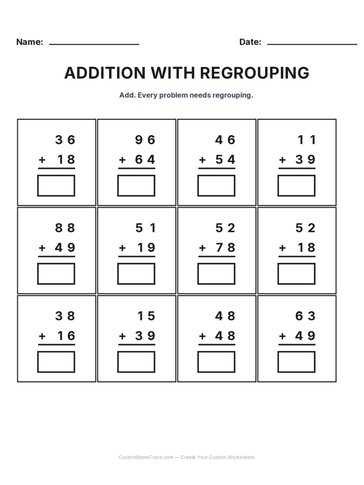 Grade 2 Addition Regrouping worksheet 24 for kids