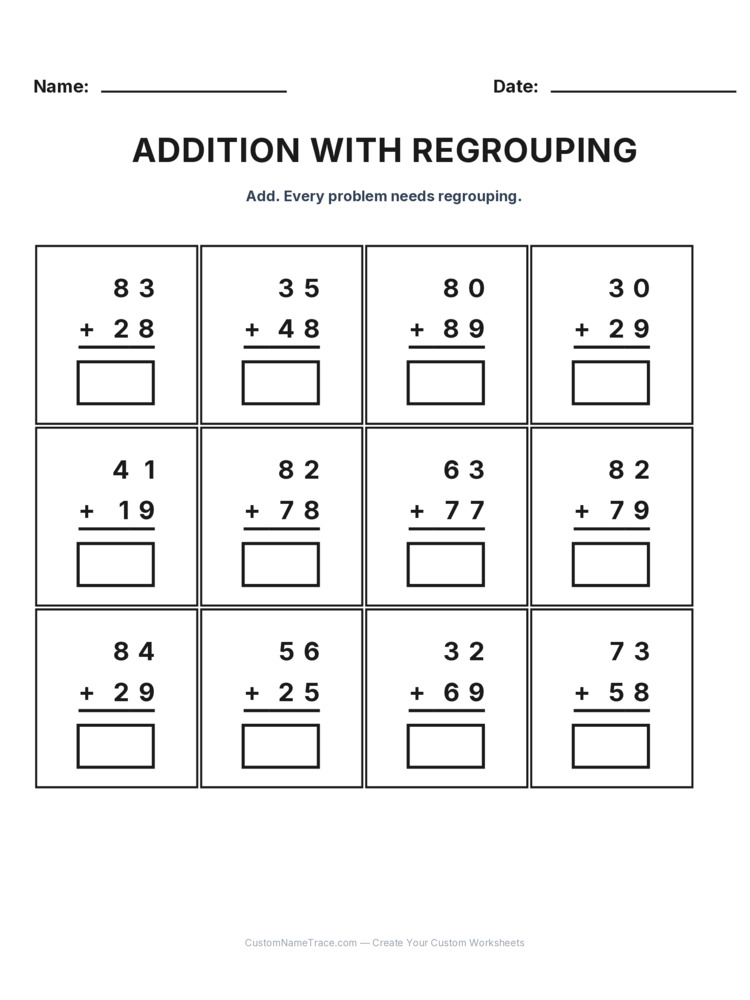 Grade 2 Addition Regrouping worksheet 25 for kids