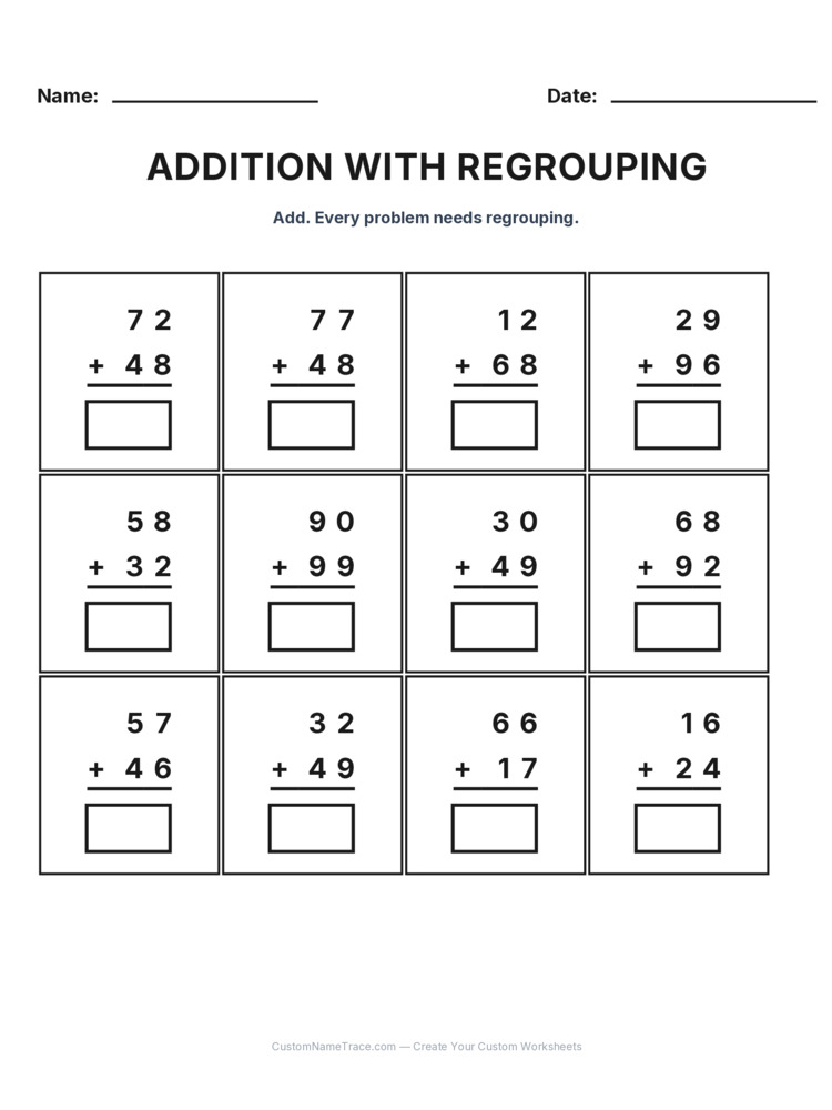 Grade 2 Addition Regrouping worksheet 27 for kids