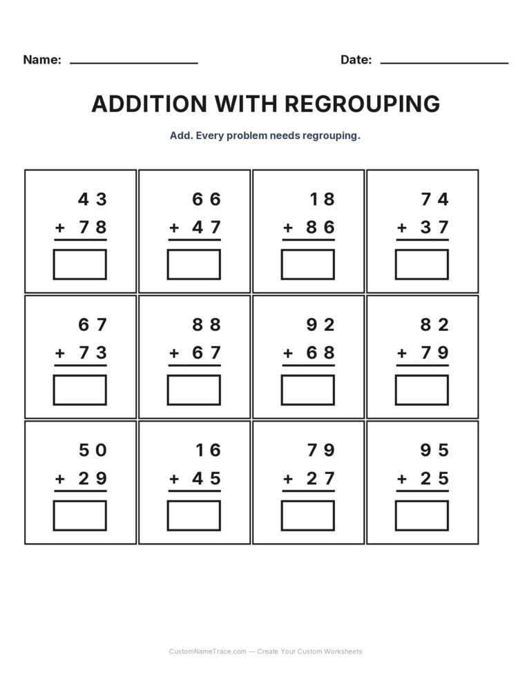 Grade 2 Addition Regrouping worksheet 28 for kids