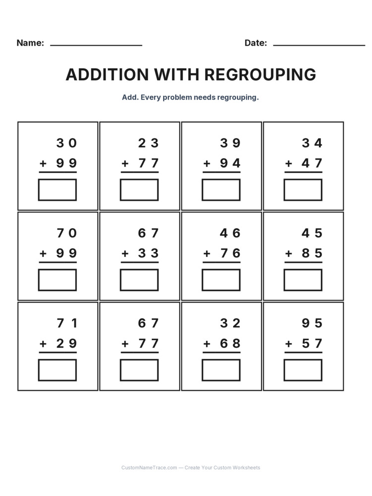 Grade 2 Addition Regrouping worksheet 29 for kids