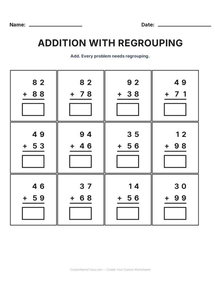 Grade 2 Addition Regrouping worksheet 3 for kids