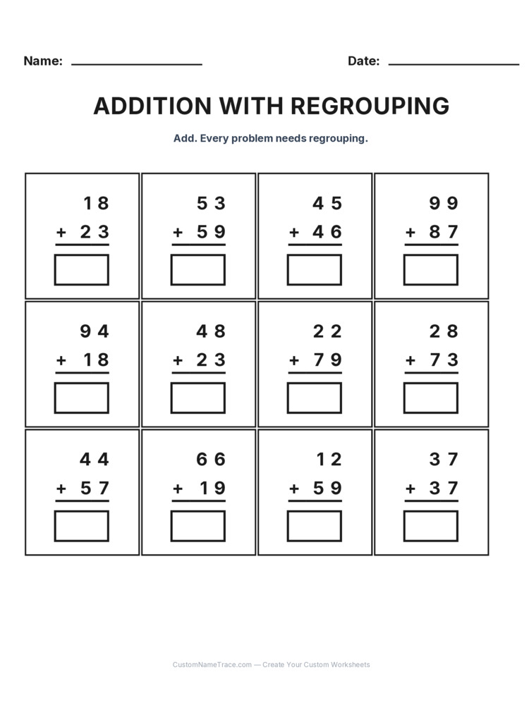 Grade 2 Addition Regrouping worksheet 30 for kids