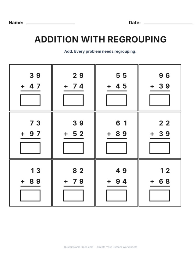 Grade 2 Addition Regrouping worksheet 4 for kids