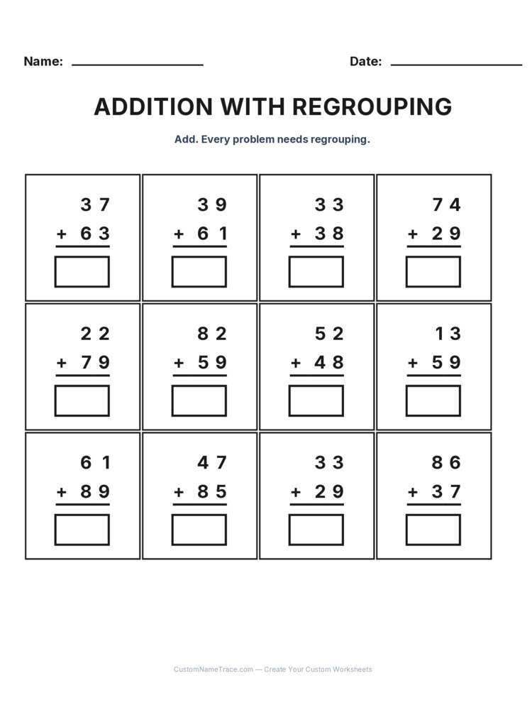 Grade 2 Addition Regrouping worksheet 5 for kids