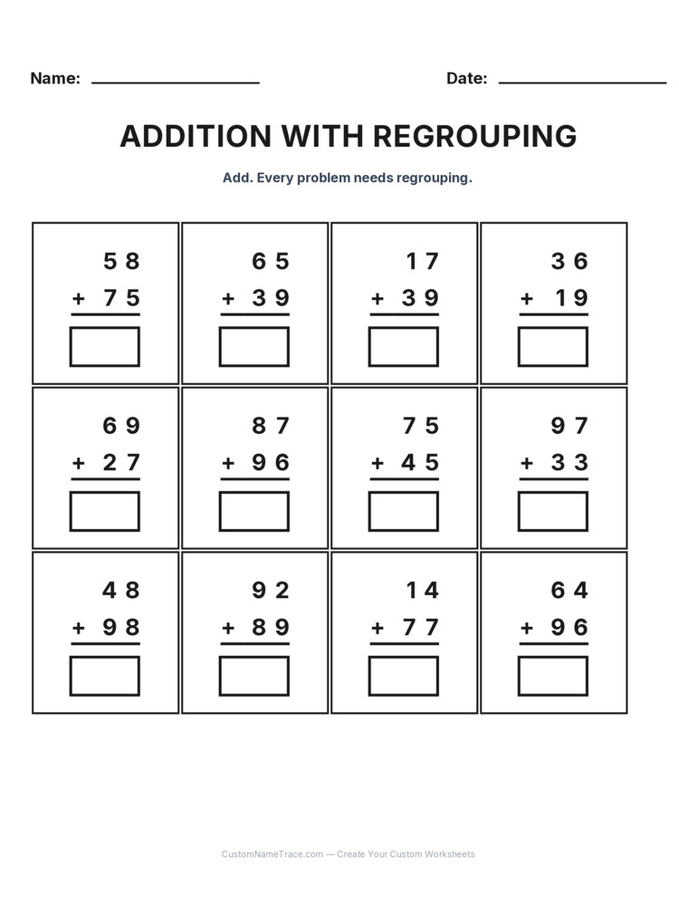 Grade 2 Addition Regrouping worksheet 6 for kids
