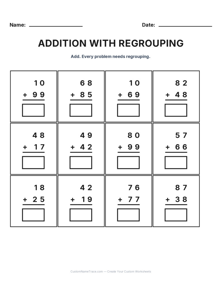 Grade 2 Addition Regrouping worksheet 7 for kids