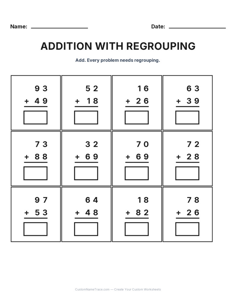 Grade 2 Addition Regrouping worksheet 8 for kids