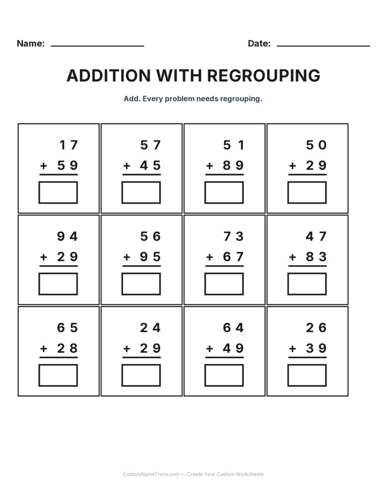 Grade 2 Addition Regrouping worksheet 9 for kids