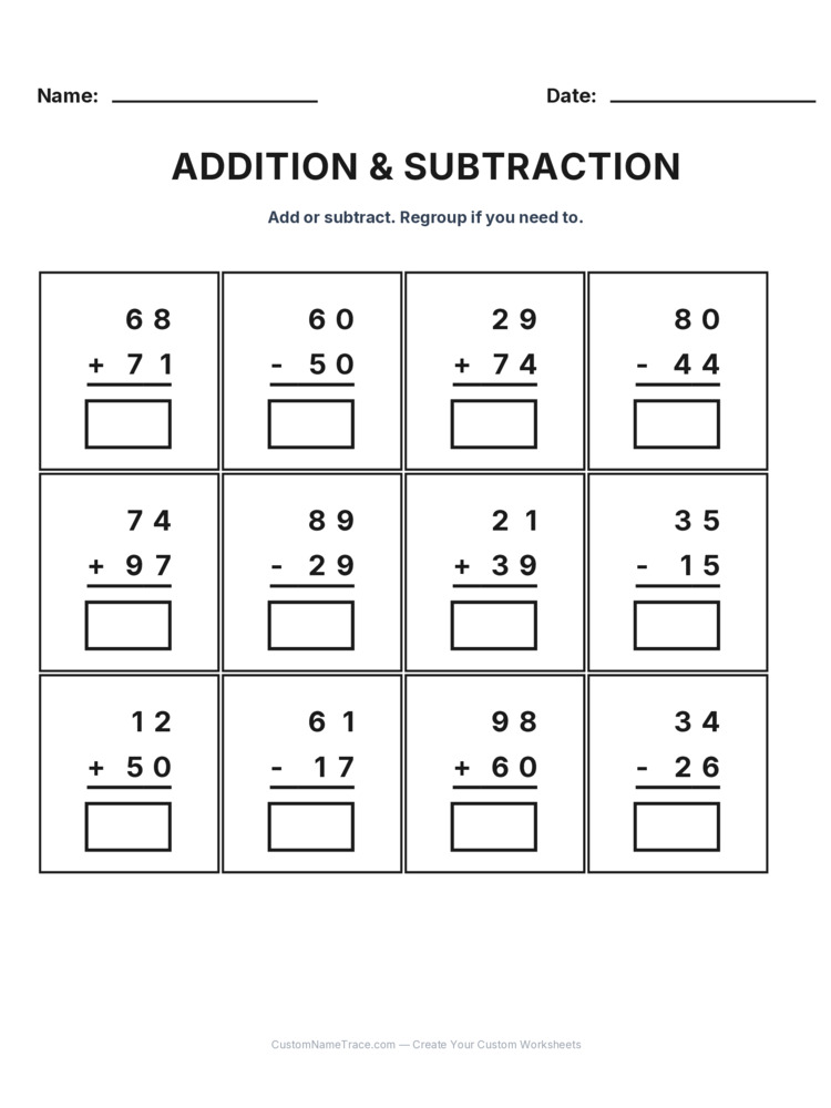 Grade 2 Addition & Subtraction Mixed Review worksheet 12 for kids