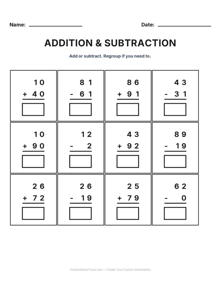 Grade 2 Addition & Subtraction Mixed Review worksheet 19 for kids