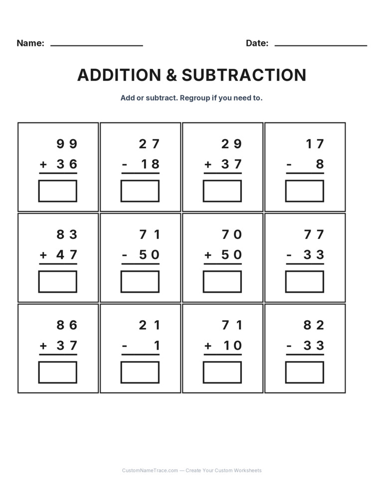 Grade 2 Addition & Subtraction Mixed Review worksheet 2 for kids