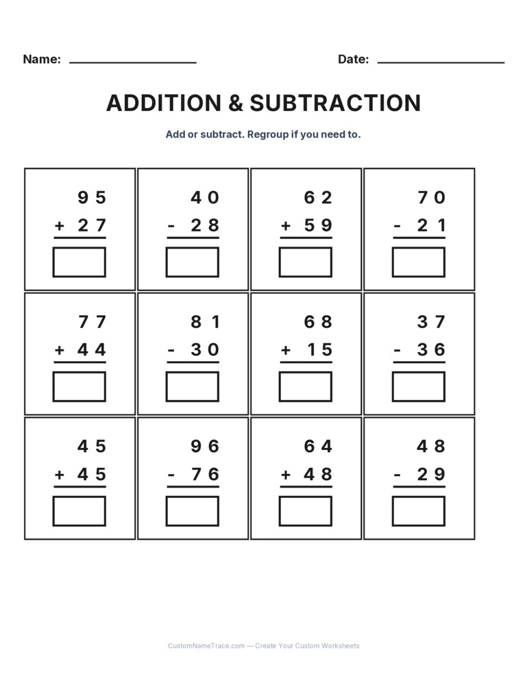 Grade 2 Addition & Subtraction Mixed Review worksheet 21 for kids