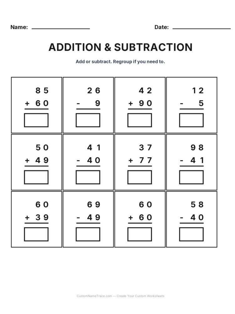 Grade 2 Addition & Subtraction Mixed Review worksheet 22 for kids
