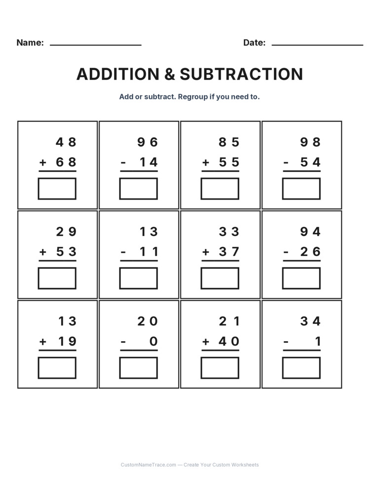 Grade 2 Addition & Subtraction Mixed Review worksheet 28 for kids