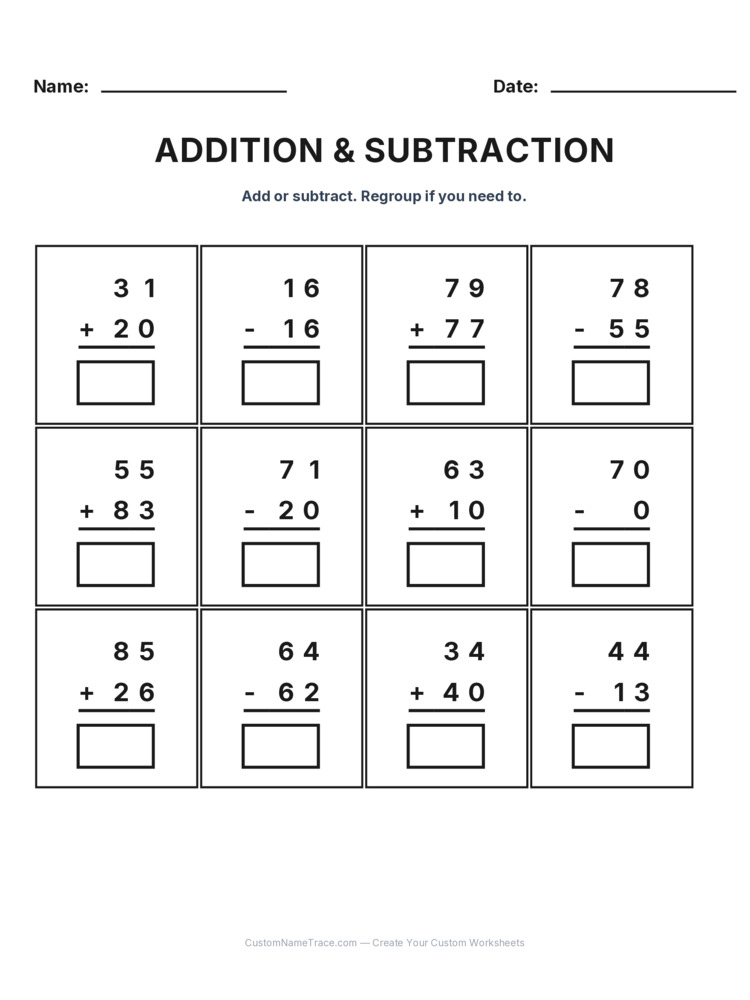 Grade 2 Addition & Subtraction Mixed Review worksheet 29 for kids