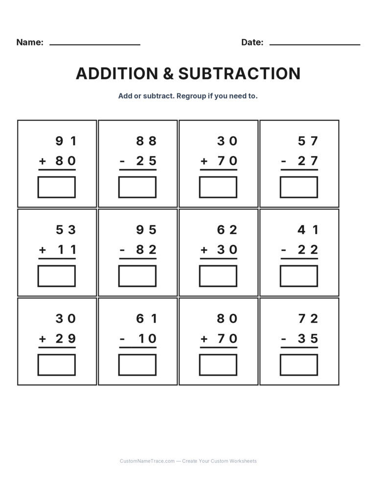Grade 2 Addition & Subtraction Mixed Review worksheet 3 for kids