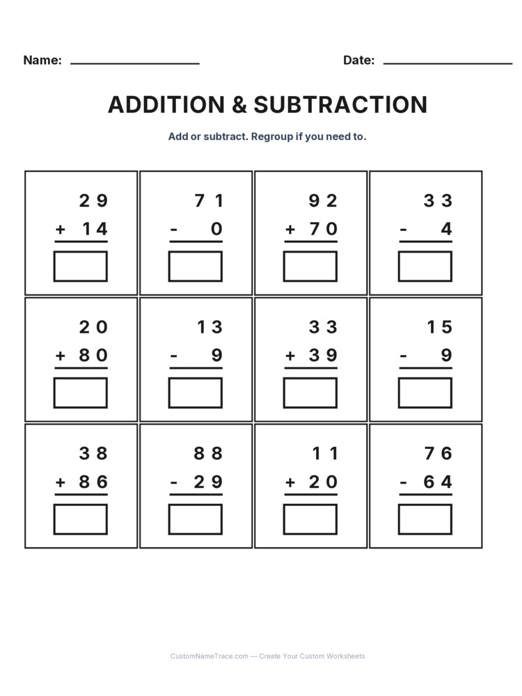 Grade 2 Addition & Subtraction Mixed Review worksheet 6 for kids