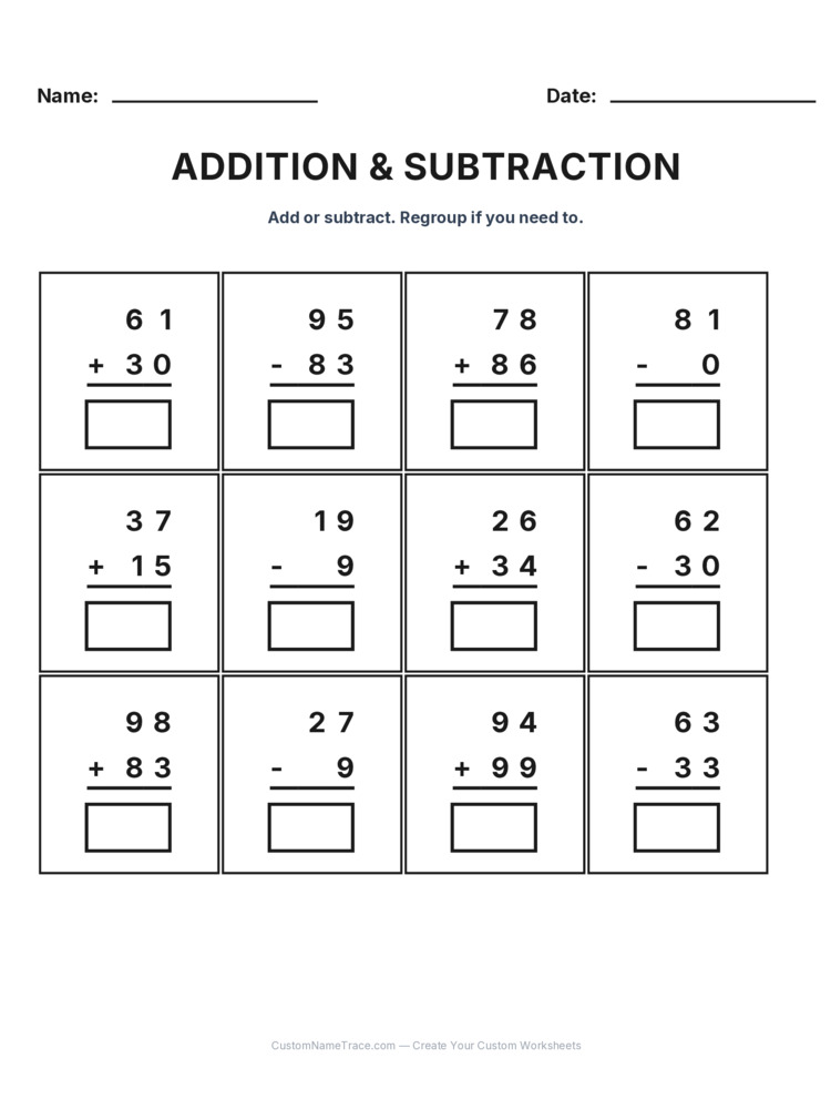 Grade 2 Addition & Subtraction Mixed Review worksheet 7 for kids
