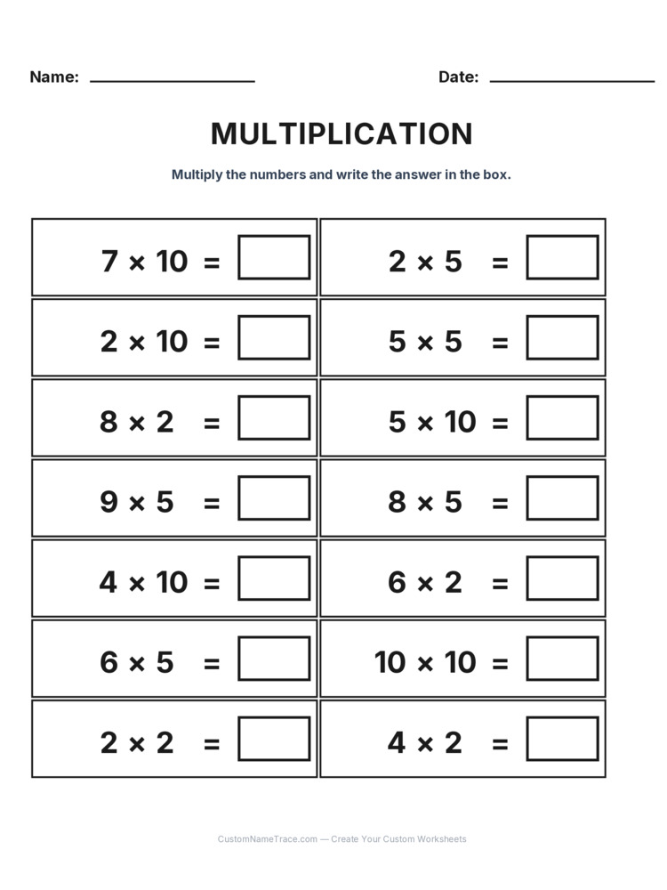 Grade 2 Multiplication Intro Facts worksheet 10 for kids