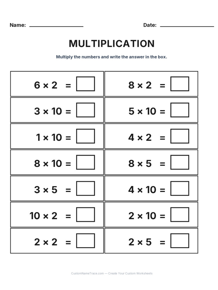 Grade 2 Multiplication Intro Facts worksheet 12 for kids