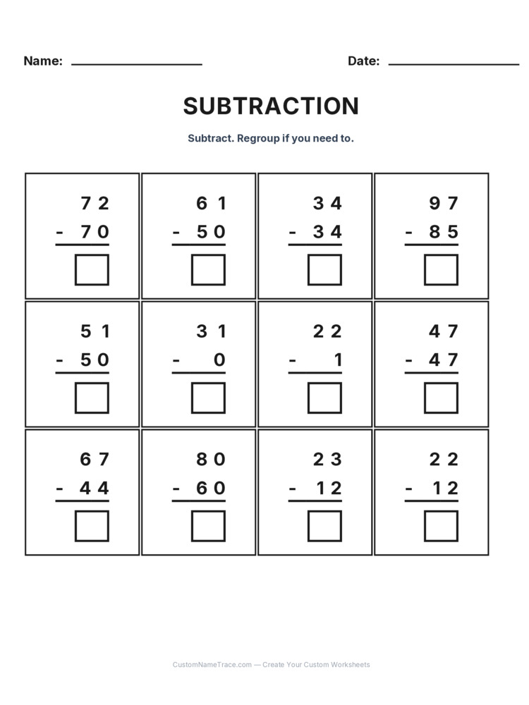 Grade 2 Subtraction No Regrouping worksheet 10 for kids