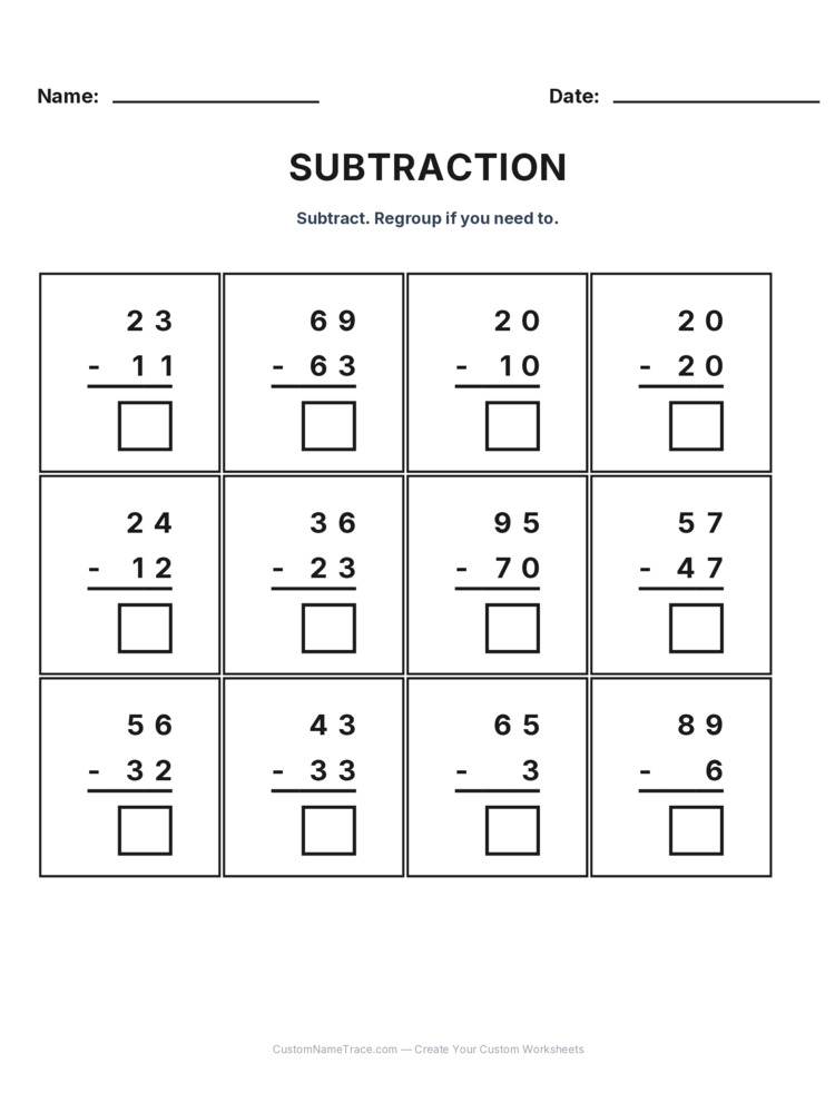 Grade 2 Subtraction No Regrouping worksheet 12 for kids