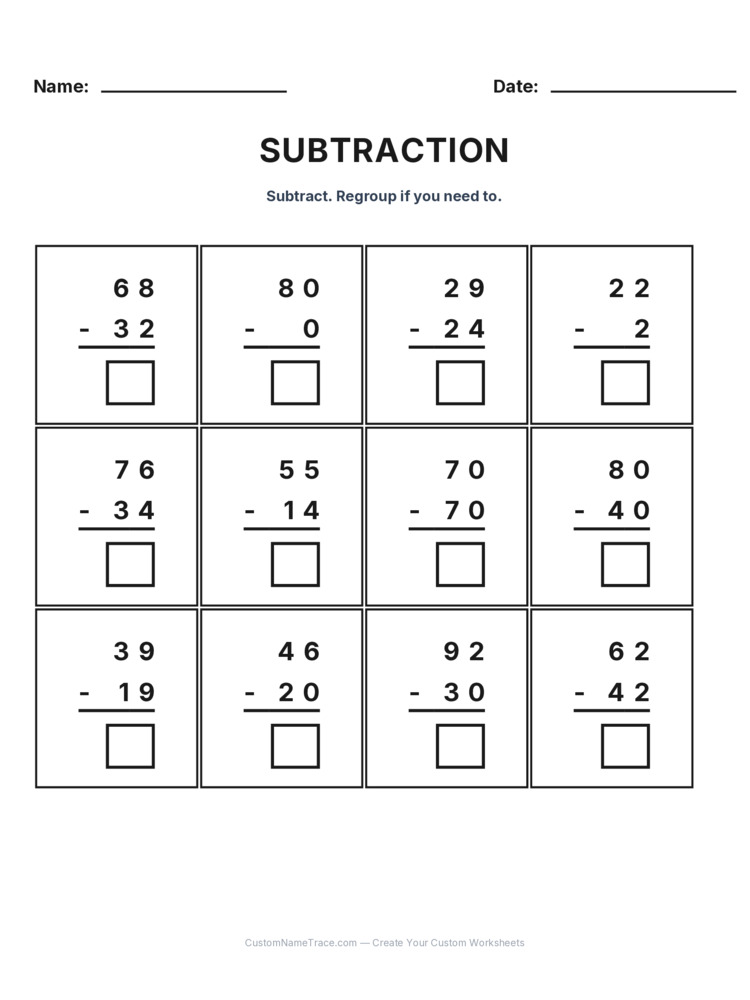Grade 2 Subtraction No Regrouping worksheet 13 for kids