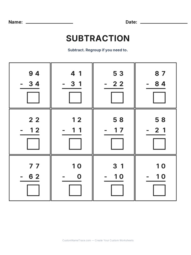 Grade 2 Subtraction No Regrouping worksheet 14 for kids